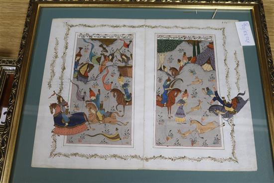 Gouache on vellum illumination, 15 x 10cm and four Persian pictures
